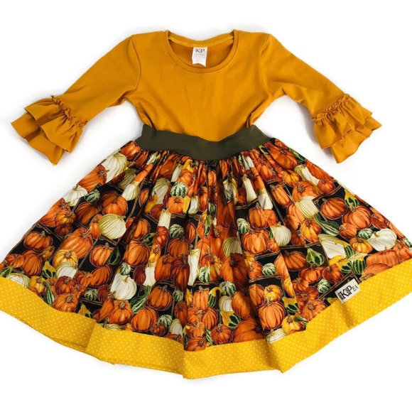 NEW KPea Original Pumpkin Print Ruffle Sleeve Thanksgiving Fall Holiday Dress - Picture 2 of 10